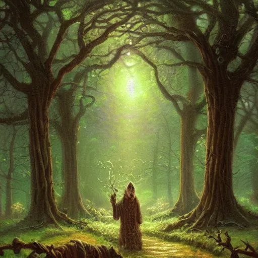 Prompt: cautious druid in a spooky grove of trees by thomas kinkade, foggy, eerie