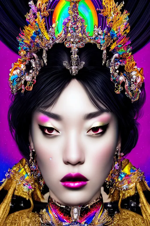 Image similar to a singular beautiful empress dramatic portrait, black hair, with a brilliant, impossible striking shiny big multi colored crystal headpiece, symmetrical, reflective surface, rainbow crystal clothes, rococo, baroque, jewels, asian, realistic, dramatic studio lighting, closeup, D&D, fantasy, intricate, elegant, highly detailed, digital painting, artstation, octane render, 8k, concept art, matte, sharp focus, illustration, art by Artgerm and Greg Rutkowski and Alphonse Mucha