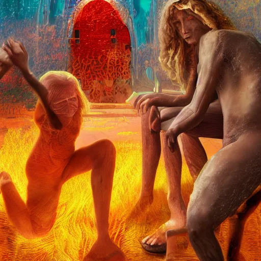 Image similar to hell with people suffering, digital art, highly detailed, realistic, bright colors, 8 k