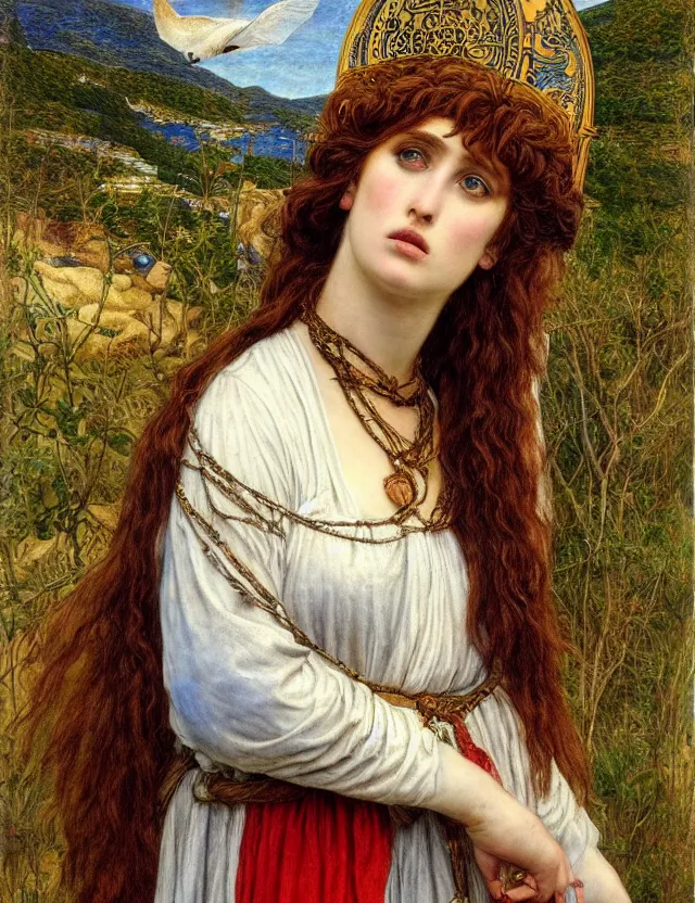 Image similar to muse - priestess of the pre - raphaelites traditional corsican, complex, very detailed, art station, illustration, jurgens, rutkovsky, bugro