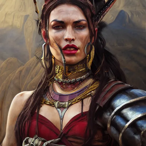 Prompt: portrait of a female berber barbarian tiefling with red skin, straight horns, black hair, ponytail, steel breastplate, in a desert, strong, fierce, fantasy, intricate, elegant, highly detailed, digital painting, artstation, concept art, character art, smooth, sharp focus, illustration, art by greg rutkowski and alphonse mucha