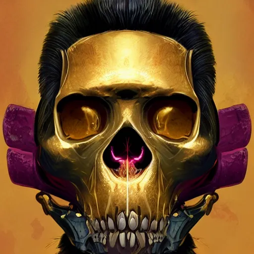 Image similar to a golden skull face monkey warrior with a ruby in his forehead, Apex Legends character digital illustration portrait design by, android jones, detailed, gorgeous lighting, wide angle action dynamic portrait