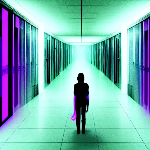 Image similar to long dark corridor with neon purple lights illuminating a woman in a plain, white mask, and wielding a crowbar, standing at the end of the corridor. high quality, ultra detail, realistic, reflective, raytraced reflections, dark corridor, neon purple lights