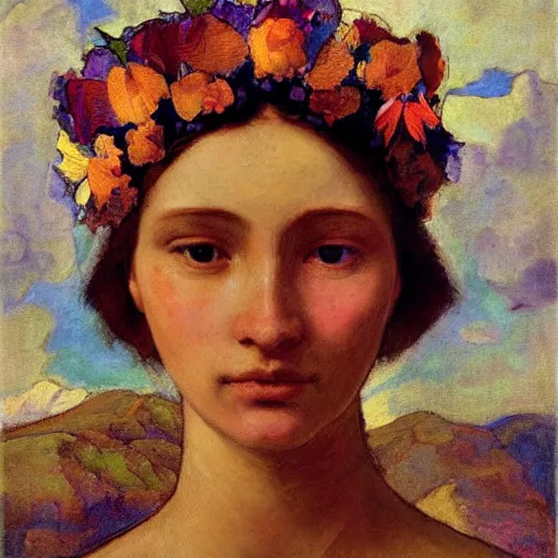 Image similar to the flower crown, by Annie Swynnerton and Nicholas Roerich, elaborate costume, flowers, rich color, dramatic cinematic lighting, smooth, sharp focus, extremely detailed