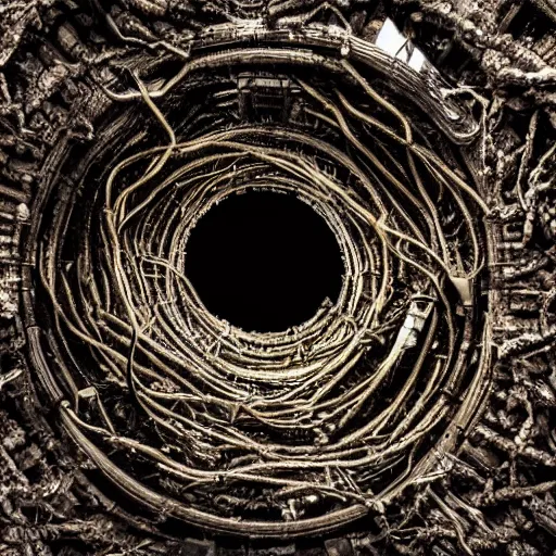 Image similar to ancient space station symbolizing a snake's nest, dark sci-fi movie scene