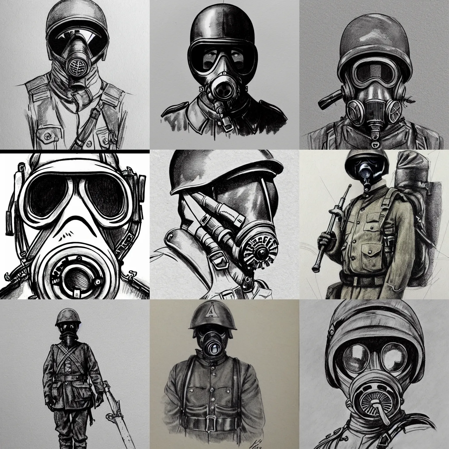 Prompt: beautiful aesthetic inspirational masterful professional ink pen liner sketch of a 1 9 1 0 s ww 1 - era soldier in gas mask, low detailed, trending on artstation, high quality paper