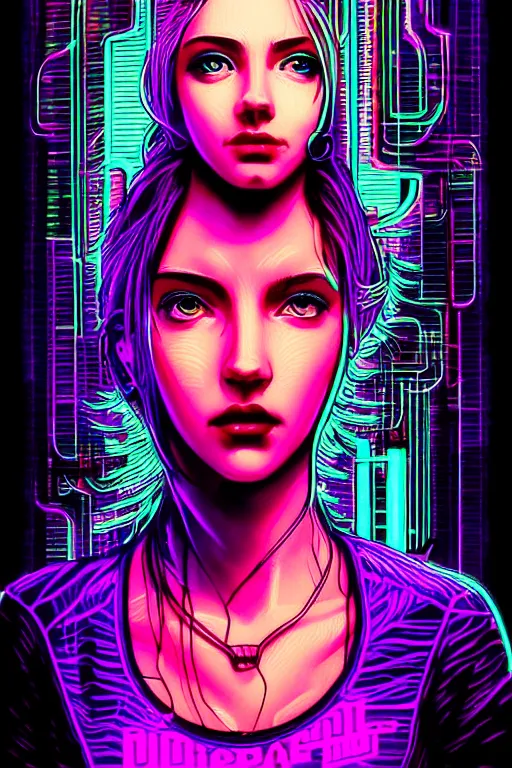 Prompt: dreamy cyberpunk girl portrait, neon wall on background, detailed acrylic, grunge, intricate complexity, by dan mumford and by jonathan solter