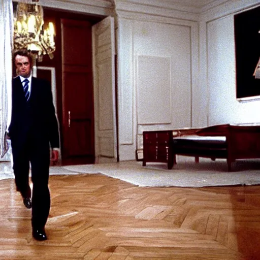 Image similar to Emmanuel Macron moving Ikea furniture in his empty room, in American Psycho (1999)