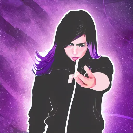 Image similar to poster artwork, sci fi, a female, full body, black hoodie techie, black hair with purple streaks, 8 k