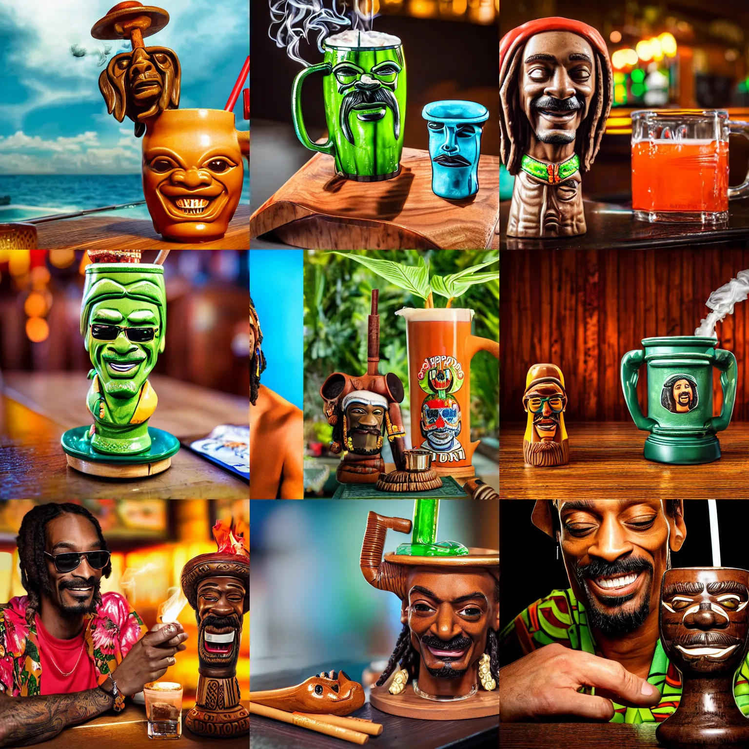 Prompt: a closeup photorealistic photograph of happy blunt smoking snoop dogg at trader vic's bar sitting next to a trader vic's style tiki mug featuring snoop dogg's face. tiki culture. bright scene. 4 k hd image that's trending on artstation, featured on behance, well rendered, extra crisp, features epic composition and the style of unreal engine.