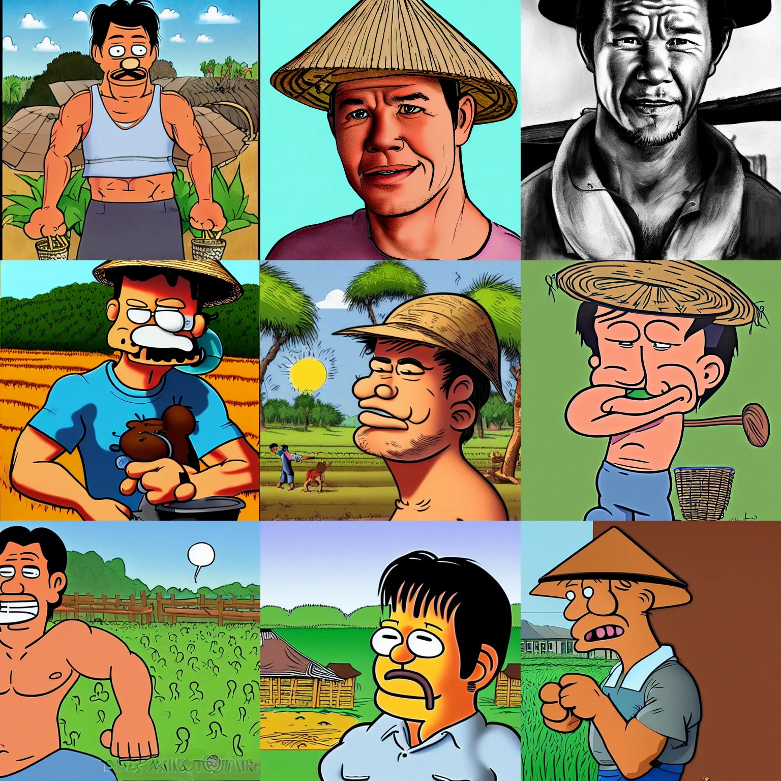 Prompt: portrait of mark wahlberg as a vietnamese farmer sweating under the hot sun, cartoon artwork by matt groening - 1 9 9 3, trending on artstation