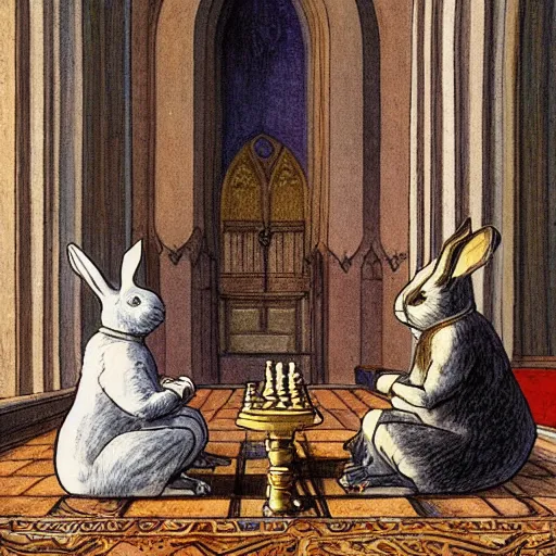 Prompt: Two rabbits playing chess in a cathedral, in the style of carl larsson