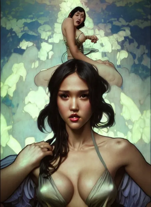 Image similar to intense fan art concept art by artgerm, tooth wu, bierstadt, gurney, stalenhag and alphonse mucha. an incredible collage of countless pin - ups of jessica alba as betty page in every form, contour light effect!! 8 k, stage light. octane render. smooth. sharp edge. ultra clear detailed, full body various poses!!