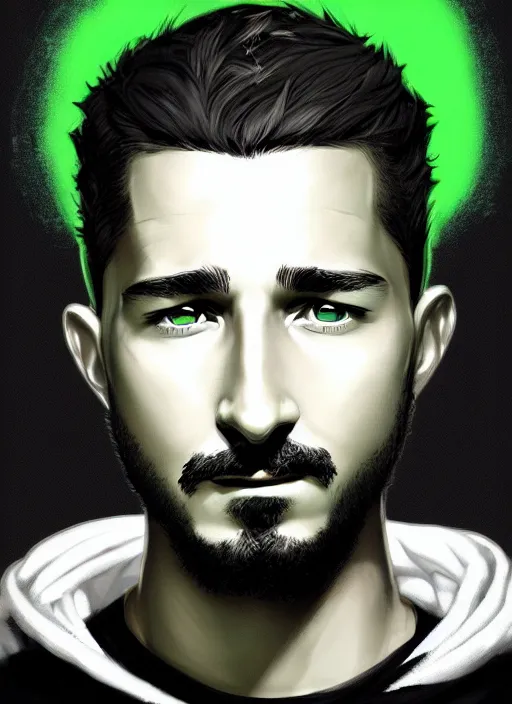 Image similar to highly detailed closeup portrait motivational poster of shia lebouf with large bold letter motivational words by greg rutkowski, by artgerm, gradient green, black and white color scheme, black border