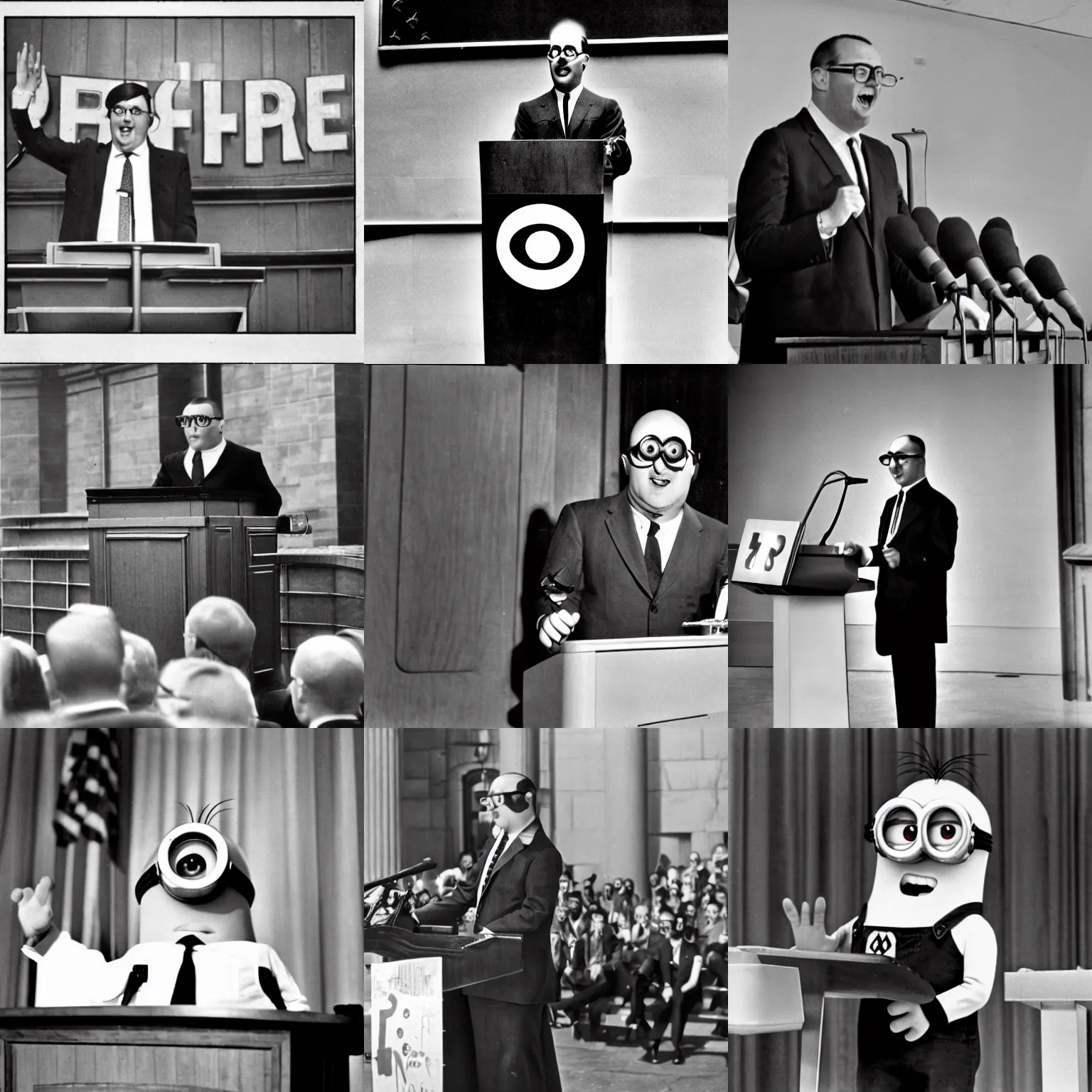 Prompt: a minion from despicable me ( 2 0 1 0 ) as an authoritarian leader giving a political speech in a lectern, black and white photography, 1 9 6 0 s, historical, high quality