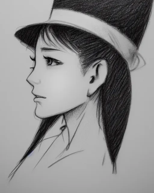 Prompt: highly detailed, cute teenage girl in a tall black top hat, profile face, pencil sketch, gray scale, anime style