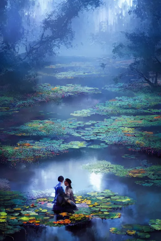 Image similar to nenufar in a pond, colorful, blue backgroung,clean, joyful, intricate, elegant, volumetric lighting, scenery, digital painting, highly detailed, artstation, sharp focus, illustration, concept art, ruan jia, steve mccurry