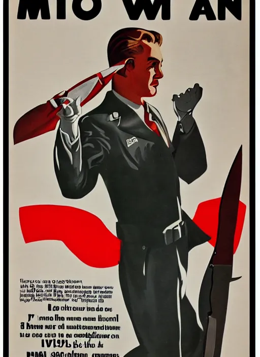 Image similar to mystery man with knife 1940s propaganda poster, full hd,highly detailed