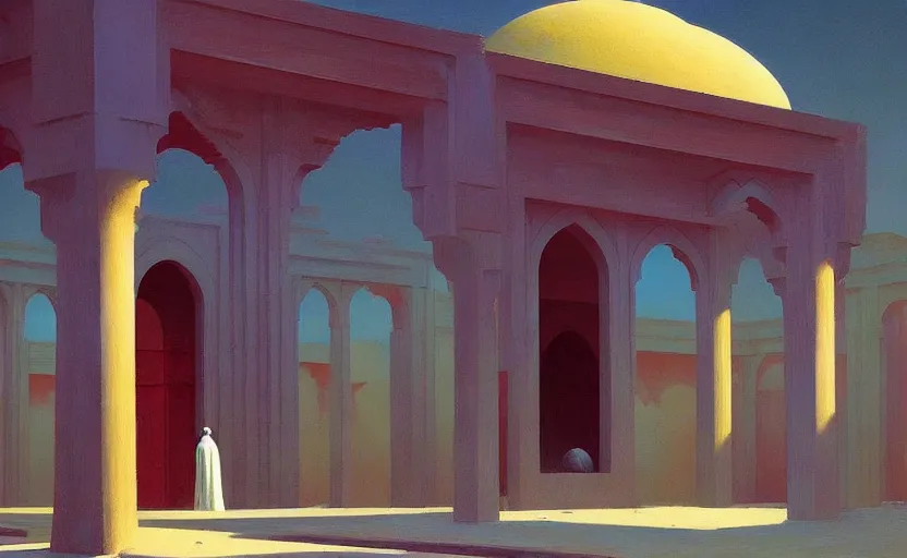 Prompt: Mysteriuos Persian Temple, very coherent, painted by Edward Hopper, Wayne Barlowe, painted by James Gilleard, airbrush, art by JamesJean