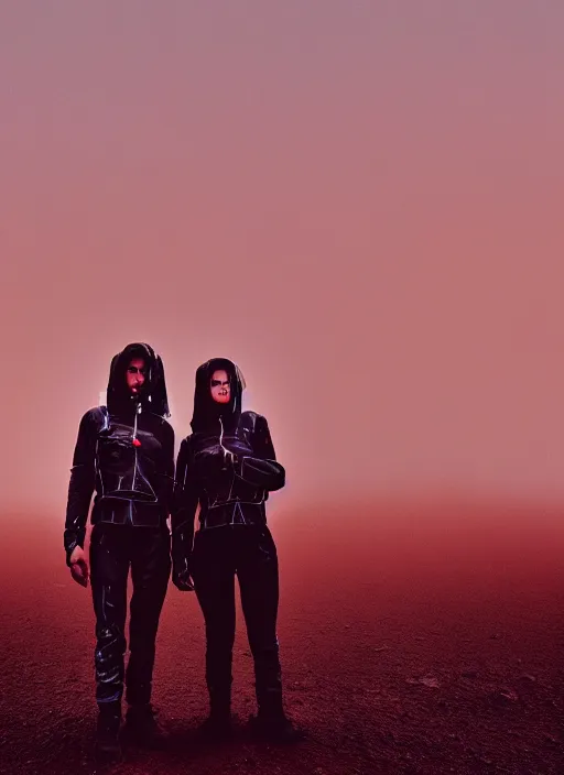 Image similar to cinestill 5 0 d photographic portrait of two loving female androids wearing rugged black techwear on a desolate plain with a red sky in front of a brutalist structure, extreme closeup, cyberpunk style, dust storm, 8 k, hd, high resolution, 3 5 mm, f / 3 2, ultra realistic faces, ex machina