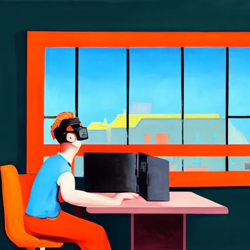 Image similar to A fine art painting of a man wearing Vr goggles dressed in orange overalls and creating the metaverse at a desk with screens, view from outside through a window on a British street. In the style of Edward Hopper and Wes Anderson