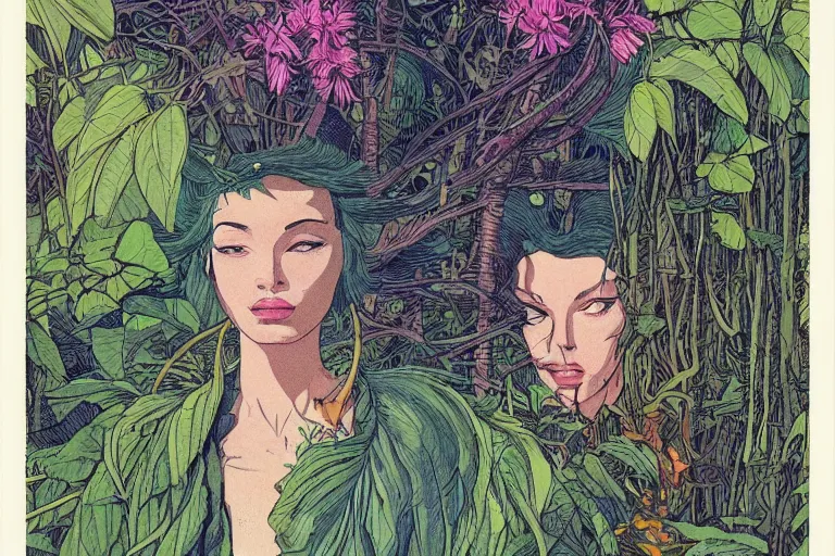 Image similar to gigantic woman head, a lot of exotic vegetation around, trees, flowers, risograph!, oldschool vintage sci - fi flat surreal design, super - detailed, fullshot, painting by moebius and luigi serafini