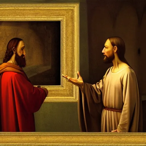 Image similar to jesus christ preaching to vladmir putin, photorealistic frame hanging on the wall, ultra-realistic in the colourful style of leonardo da vinci artstation hd oil painting and edward hooper, renaissance painting