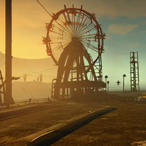 Image similar to Santa Monica Pier in ruins post-nuclear war in Fallout 4, in game screenshot