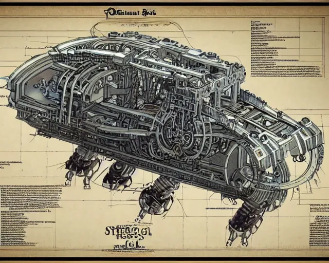 Image similar to a full page of a mechanical blueprint showing a design for a mechanized sloth from howl's moving castle ( 2 0 0 4 ), with a big head, muted colors, post grunge, studio ghibli, hq,