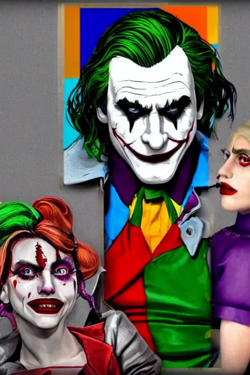 Image similar to joaquin phoenix as joker and lady gaga as harley quinn, fix duplicate content!, fix broken content!, violet polsangi pop art, gta chinatown wars art style, bioshock infinite art style, incrinate, realistic anatomy, hyperrealistic, two colors, white frame, content balance proportion