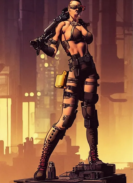 Image similar to buff cyberpunk mercenary lady. portrait by stonehouse and mœbius and will eisner and gil elvgren and pixar. realistic proportions. cyberpunk 2 0 7 7, apex, blade runner 2 0 4 9 concept art. cel shading. attractive face. thick lines.