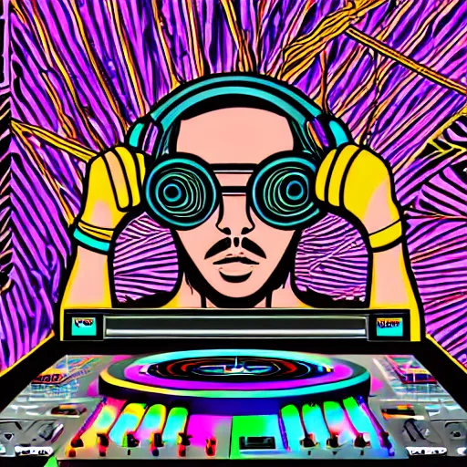 Prompt: detailed artwork of a neo-primitivism hardstyle music dj at an mainstage festival rave in the style of Sandra Pelser, headphones, sunglasses, wires, speakers