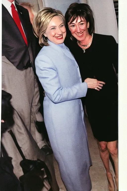 Prompt: a polaroid of Hillary clinton and ghislaine maxwell hugging and smiling