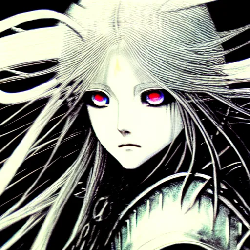 Image similar to Yoshitaka Amano realistic illustration of an anime girl with wavy white hair and cracks on her face wearing Elden ring armour with the cape fluttering in the wind, abstract black and white patterns on the background, noisy film grain effect, highly detailed, Renaissance oil painting, weird portrait angle