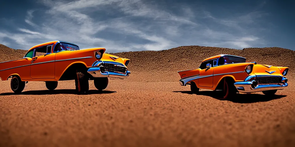 Prompt: Hot Wheels, 1957 Chevrolet Bel Air, lifted, 4x4, K10, trophy truck, cinematic, Maxxis, 8k, depth of field, mexican desert, bokeh, DAKAR.