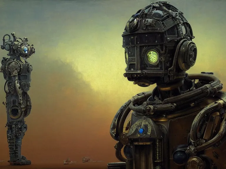 Image similar to a detailed profile oil painting of a dieselpunk humanoid robot with reflective visor, flight suit, portrait symmetrical and science fiction dieselpunk theme with aurora lighting by beksinski carl spitzweg and tuomas korpi. baroque elements, full-length view. baroque element. intricate artwork by caravaggio. Trending on artstation. 8k