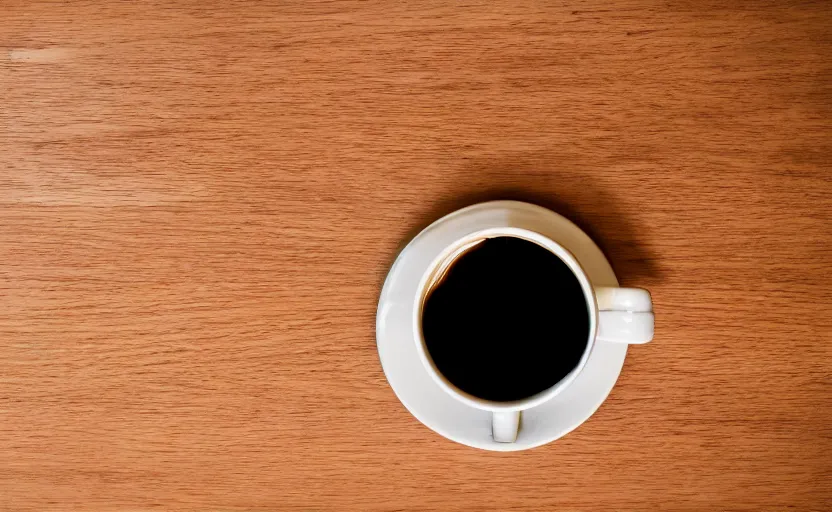 Prompt: top view of a wooden table with a cup of coffee, natural light, cinematic lighting, 8 k