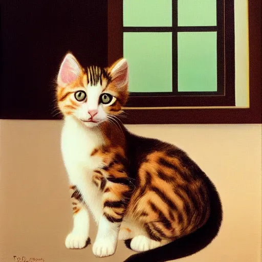 Prompt: painting of a kitten by rene magritte, hd, 4 k, detailed, award winning