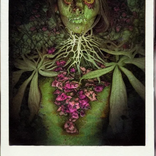 Image similar to a beautiful detailed front view portrait of a rotten woman corpse with fractal plants and fractal flowers growing around, volumetric light, beautiful lit, polaroid photography