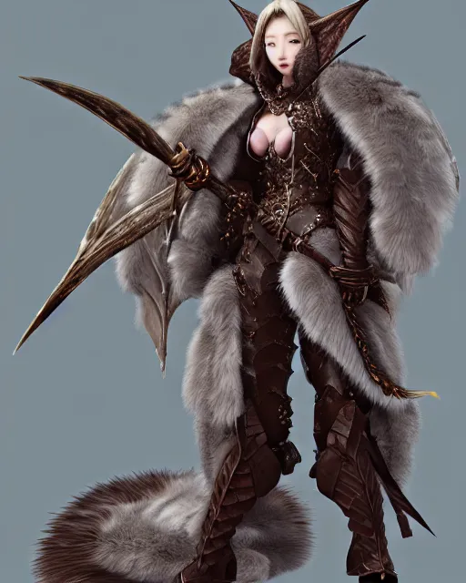 Image similar to dragon hunter, fur - lined armor!!! beautiful and elegant female!! gorgeous ayes!! character concept art, sharp focus, illustration, kinu nishimura!! ayami kojima! shunya yamashita! edayan!! octane render! unreal engine 5! highly rendered!! trending on artstation!! detailed linework!!