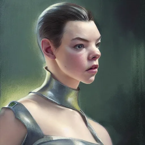 Prompt: a striking hyper real painting of Anya Taylor-Joy as an android at war by Craig Mullins