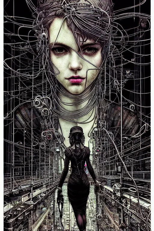 Image similar to dreamy cyberpunk girl, wires and electricity, beautiful, epic grunge, intricate complexity, by dan mumford and by alberto giacometti, arthur rackham