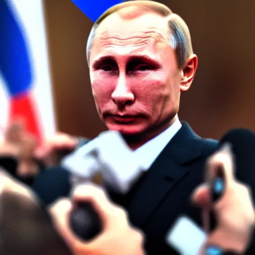 Image similar to sad Vladimir Putin, fish eye lens, award winning, golden hour