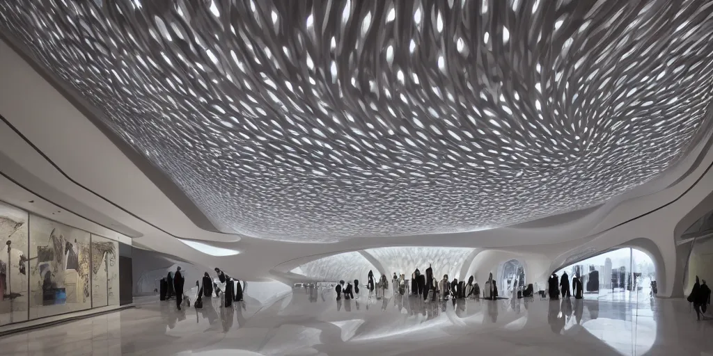 Prompt: extremely detailed ornate stunning sophisticated beautiful elegant futuristic museum lobby interior by Zaha Hadid, stunning volumetric light, light beam, sunset