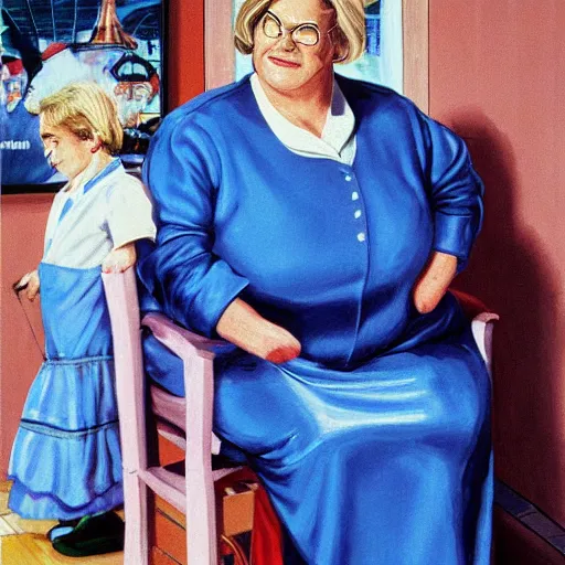 Image similar to david harbour as mrs doubtfire, oil movie poster painting 1 9 9 0 s