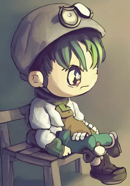 Image similar to beautiful little boy wearing sheep suit using a smartphone while sitting on chair, gray, blue, green and brown pallet color. made in abyss art style, inspired in kris from deltarrune, cute detailed artwork, anatomically correct, soft details, ilya kuvshinov, reflection