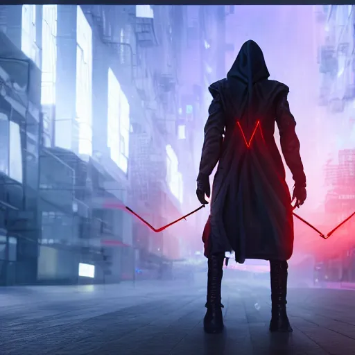 Image similar to photo of a grimm reaper walking in a futuristic city in a dystopian future made of electronic components and looks like a giant pcb board. Very detailed 8k. Unreal engine 5 render with nanite, global illumination and path tracing. Emphasize on the colors black and red.