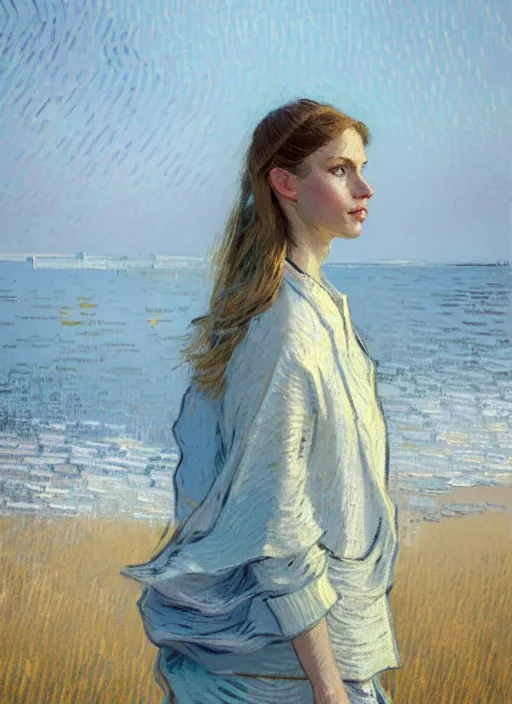 Image similar to portrait of a beautiful girl, sea dunes backdrop, sad, pastel shades of light blue and light yellow, beautiful face, rule of thirds, intricate outfit, spotlight, by greg rutkowski, by jeremy mann, by francoise nielly, by van gogh, by rineke dijkstra, digital painting