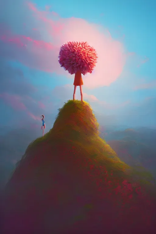 Image similar to closeup, giant flower head, girl standing on cliff, surreal photography, sunrise, blue sky, dramatic light, impressionist painting, digital painting, artstation, simon stalenhag