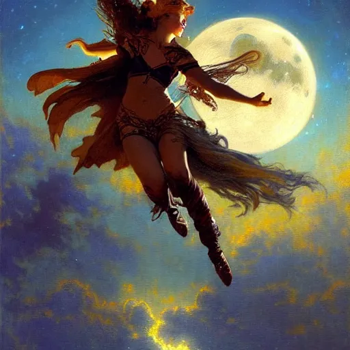 Image similar to witch flying, trough the night, fantasy, full moon in background. highly detailed painting by gaston bussiere, craig mullins, j. c. leyendecker 8 k